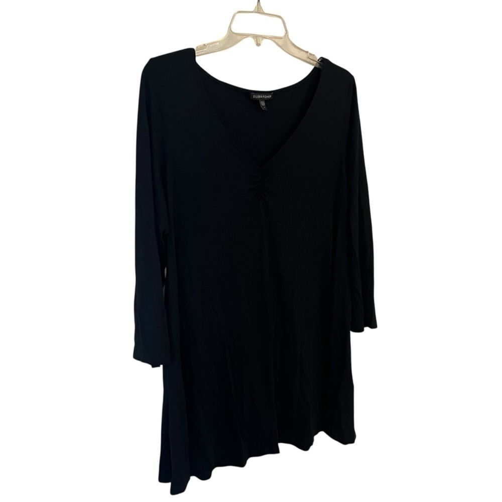 Eileen Fisher V Neck Tunic Top Long Sleeve Black Tencel Cashmere L Minimalist